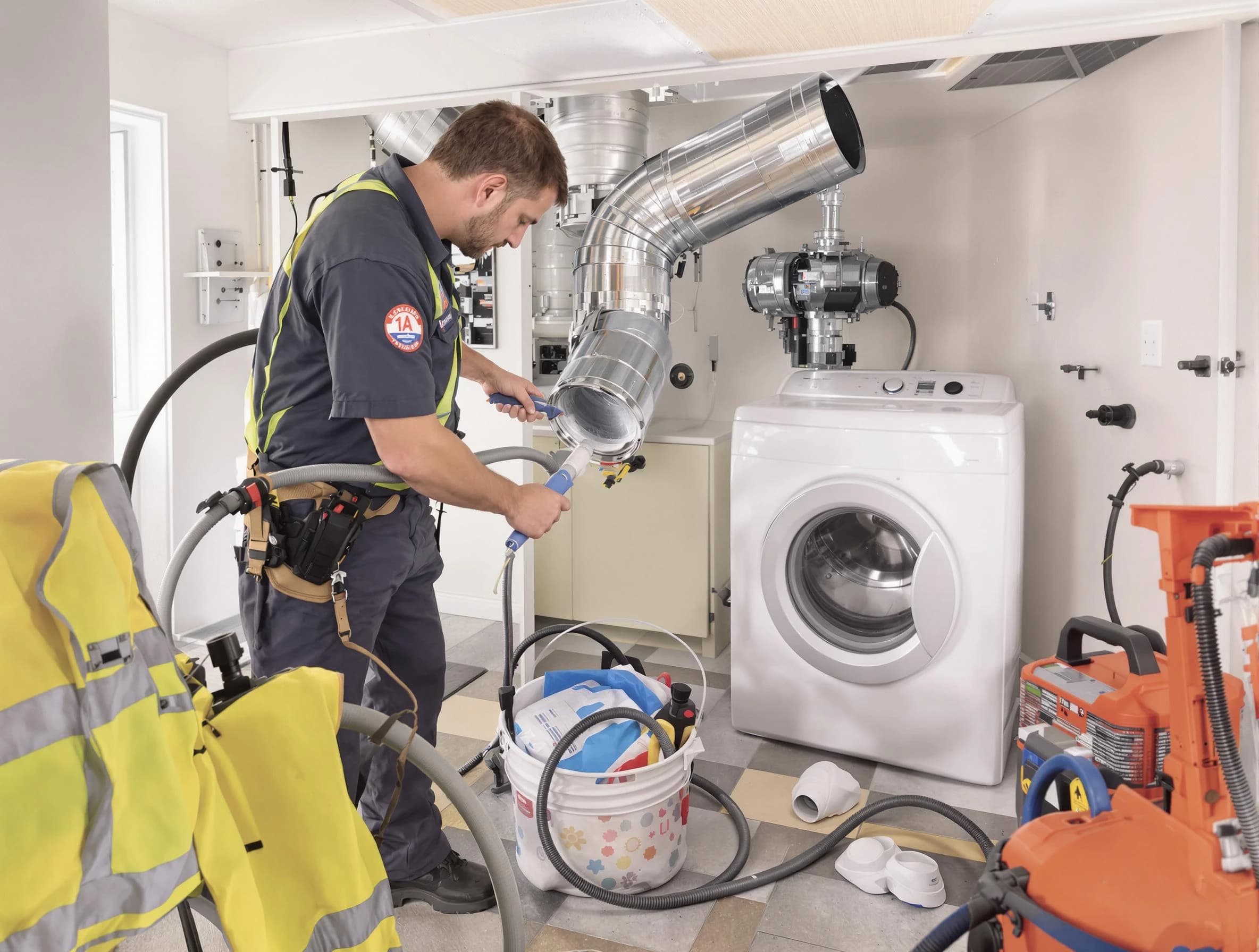 Westminster Dryer Vent Cleaning technician using specialized equipment to clear severe dryer vent blockage in Westminster